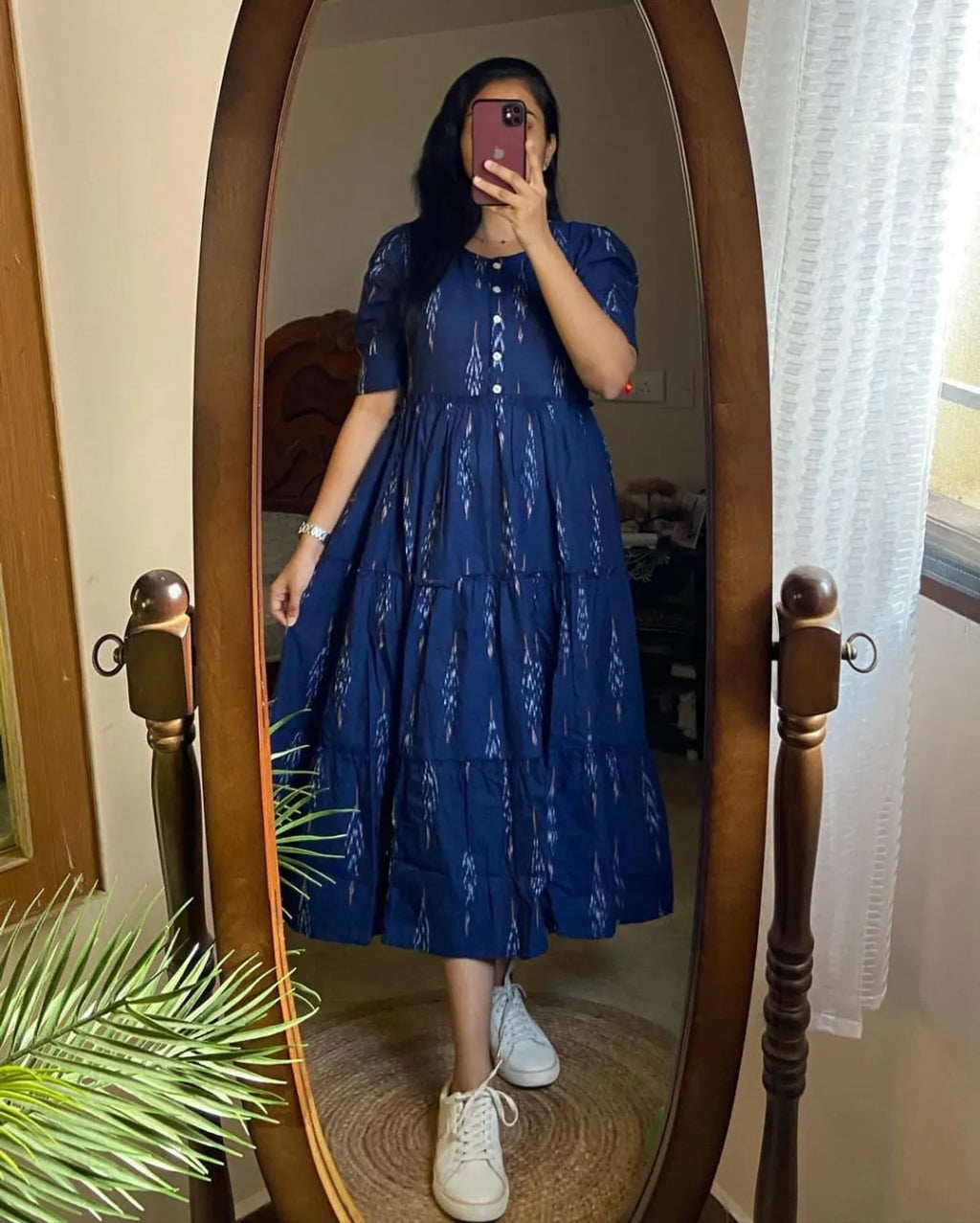 Blue Ikat Cotton Flair Middy Gown For Women