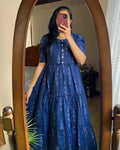 Blue Ikat Cotton Flair Middy Gown For Women