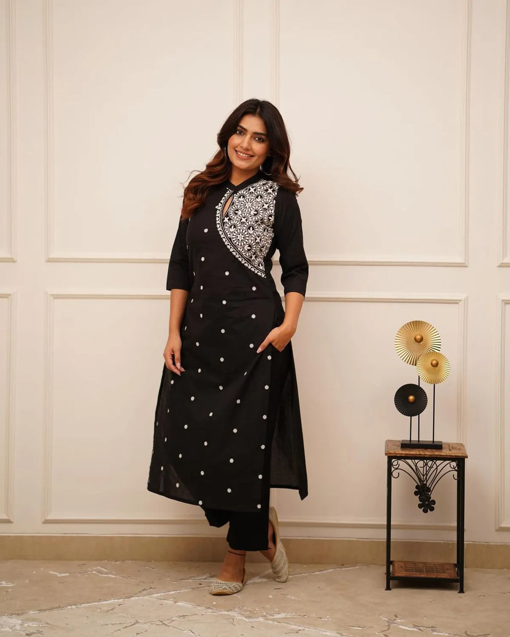 Black Embroidered Cotton Straight Kurta Set
