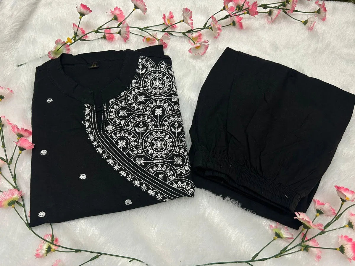 Black Embroidered Cotton Straight Kurta Set