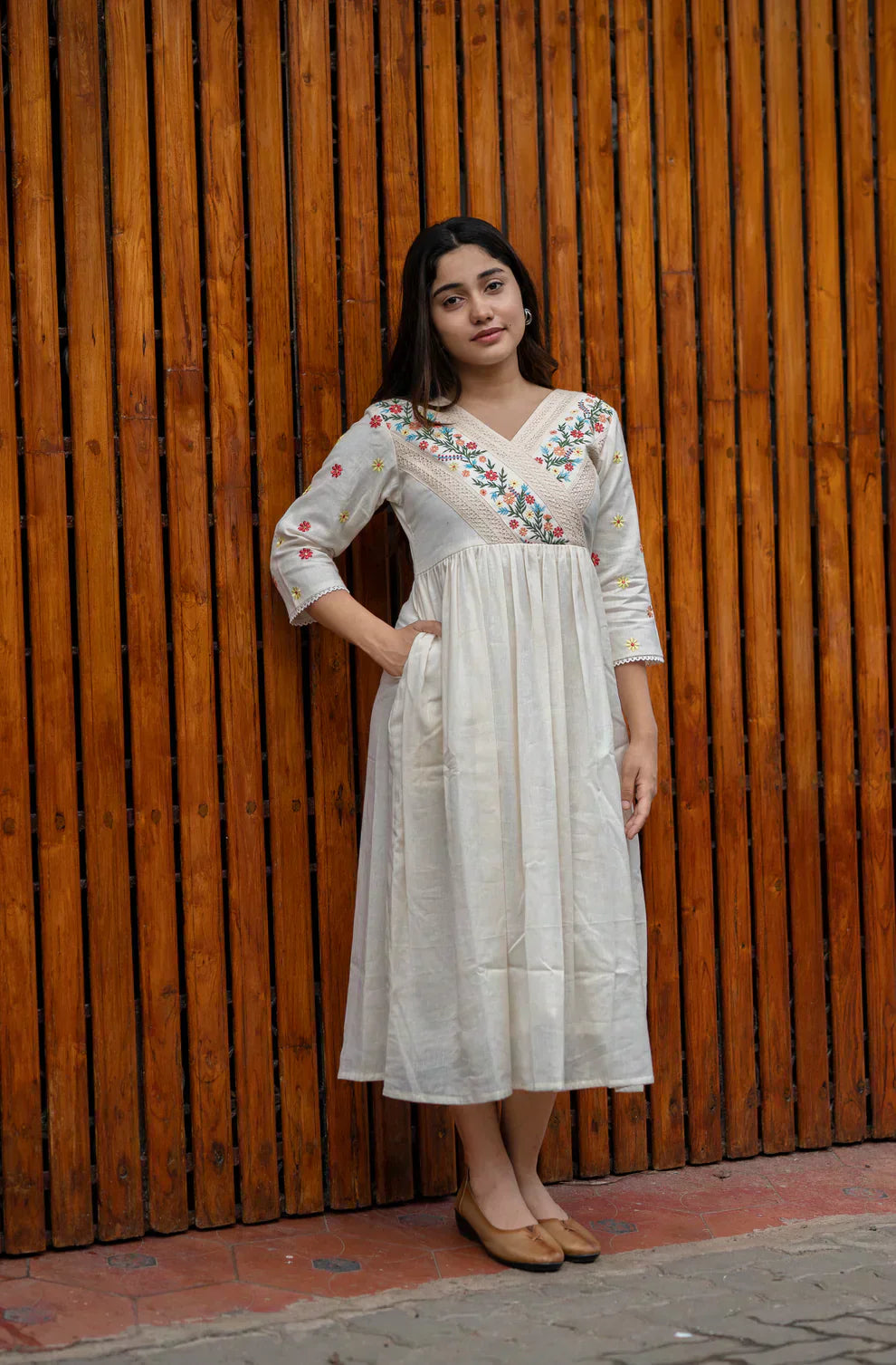 Off White Cotton Kurti/ Dress With Floral Embroidery And Crochet Lace Detailings