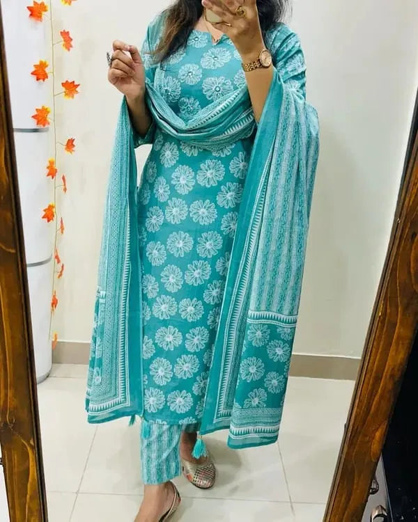 Aqua Blue Floral Cotton Suit Set With Printed Dupatta
