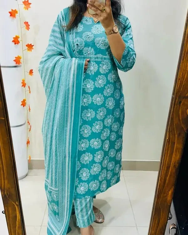 Aqua Blue Floral Cotton Suit Set With Printed Dupatta