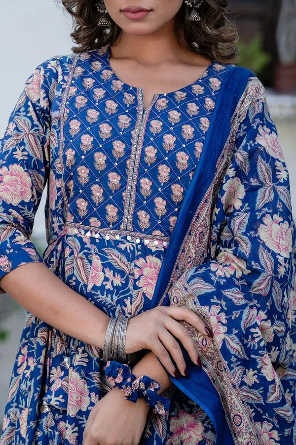 Blue Orchid Cotton Anarkali Suit