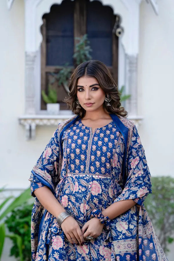 Blue Orchid Cotton Anarkali Suit