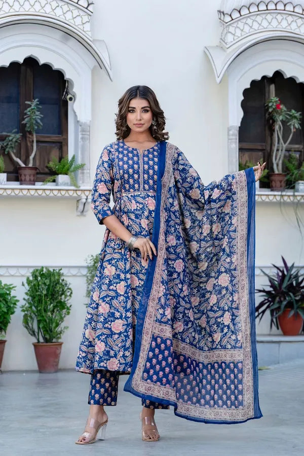Blue Orchid Cotton Anarkali Suit