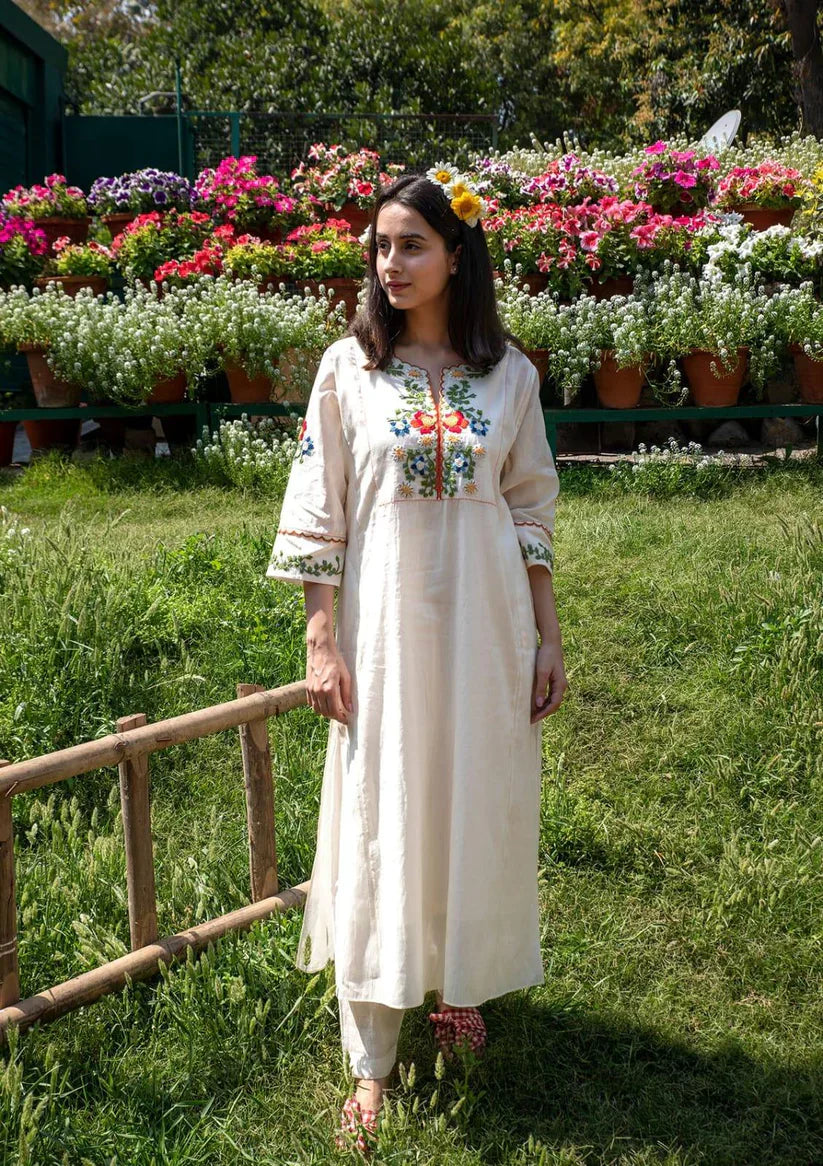 Off White Embroidered Cotton Kurta And Pant Set