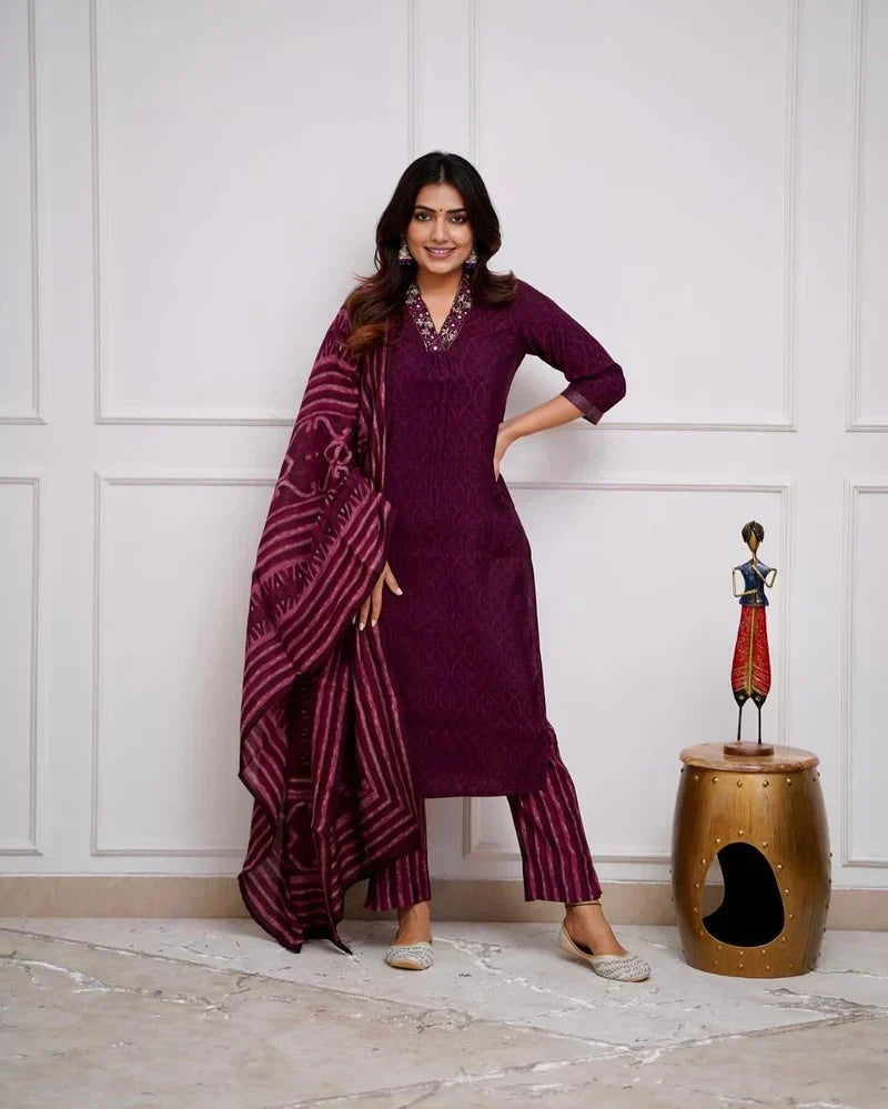 Wine Cotton Kurta With Pant & Dupatta Set For Women