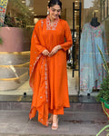 Beautiful Cotton Fabric Kurti Pant With Malmal Dupatta(Orange)