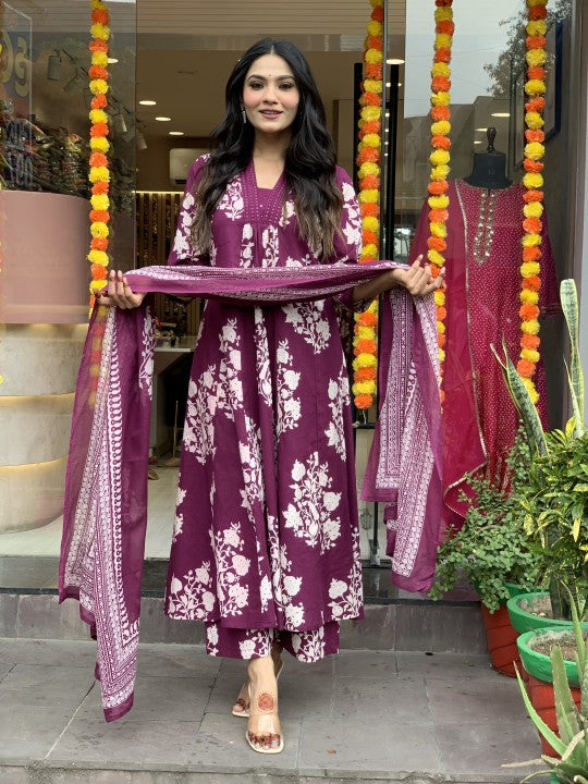 Women Cotton Wine Kurta Pant And Dupatta Set