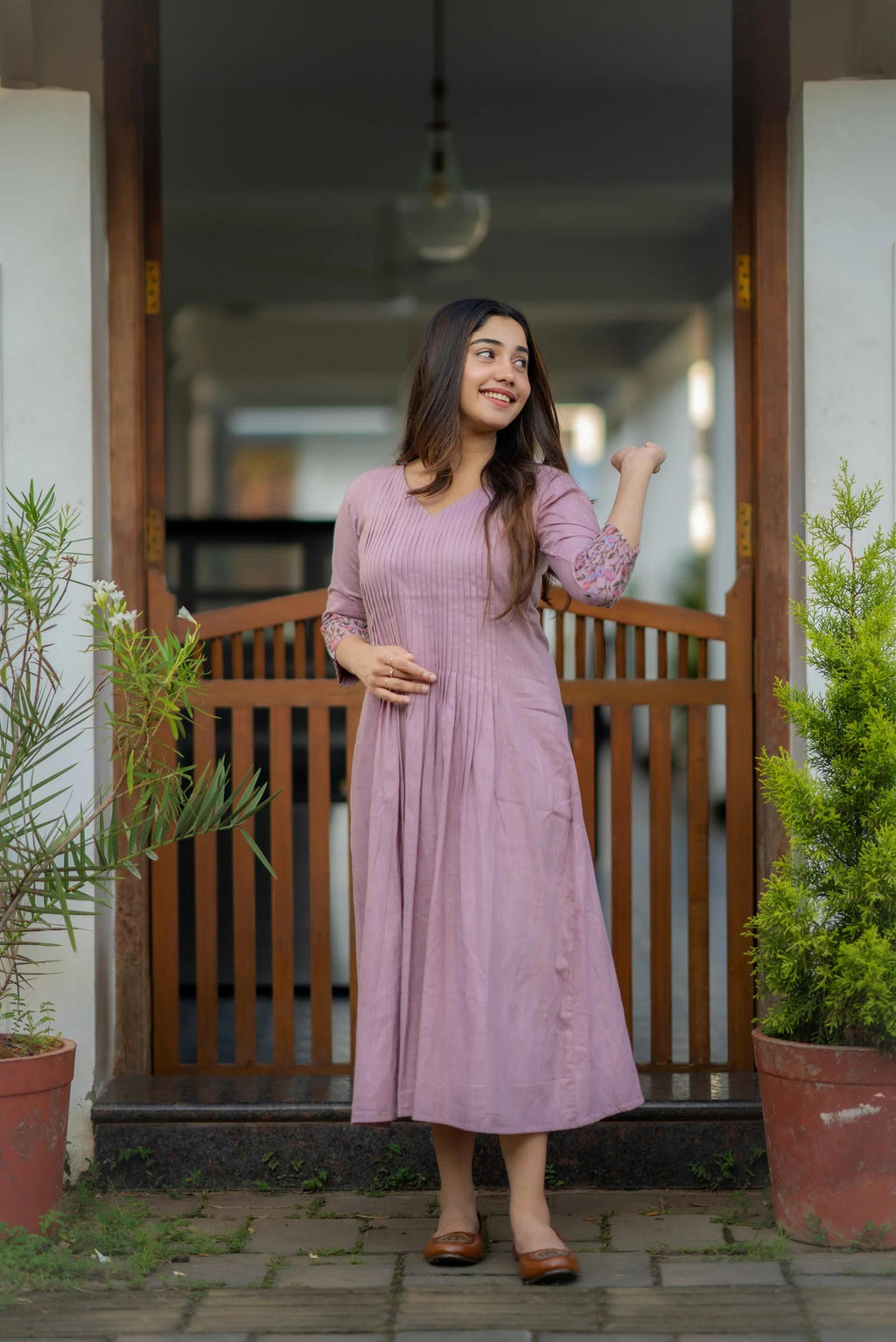 Dusty Lavender Embroidered Printx Work Cotton Anarkali Gown
