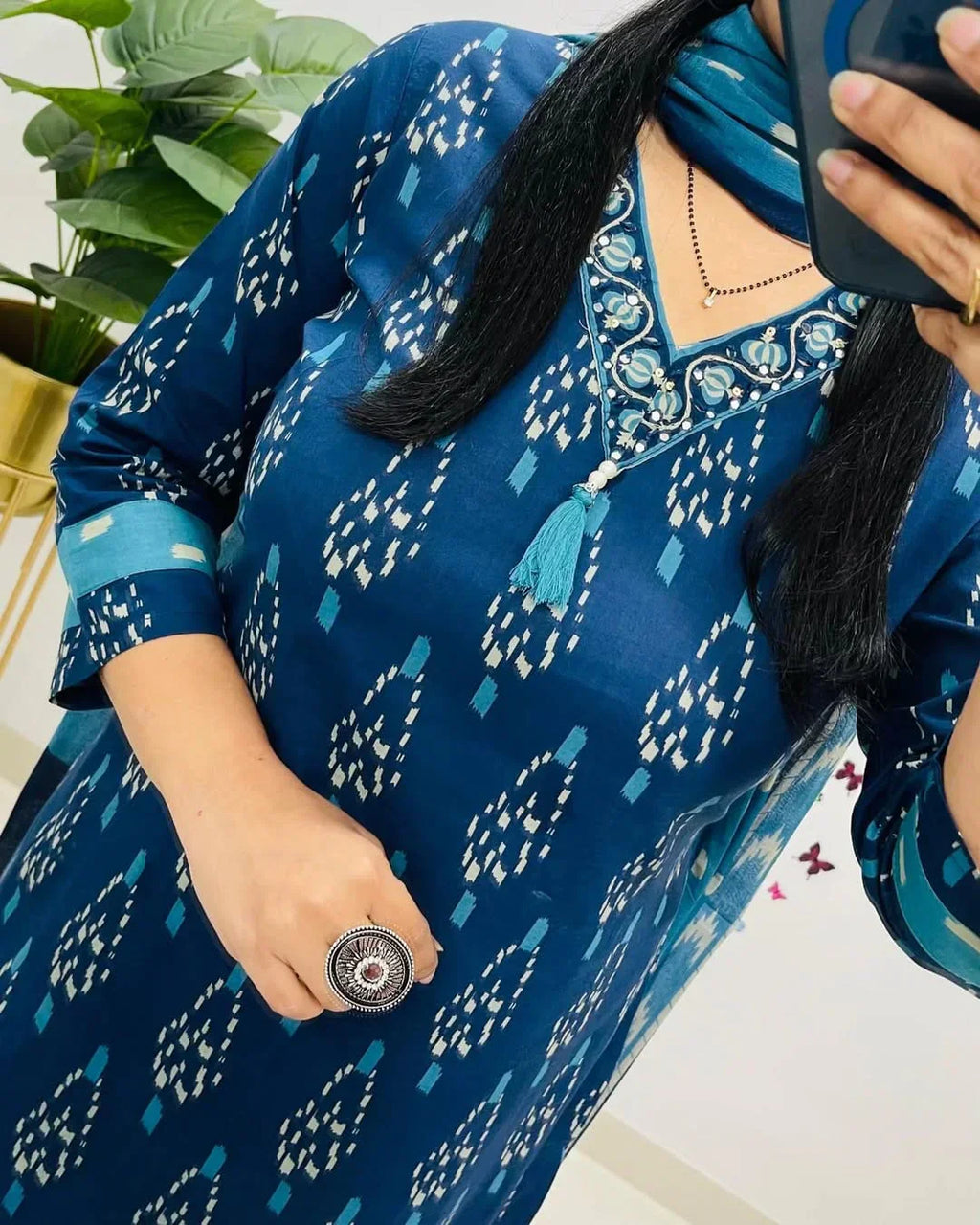 Ikkat Print With Kurti Pant & Dupatta Set For Women( Blue )