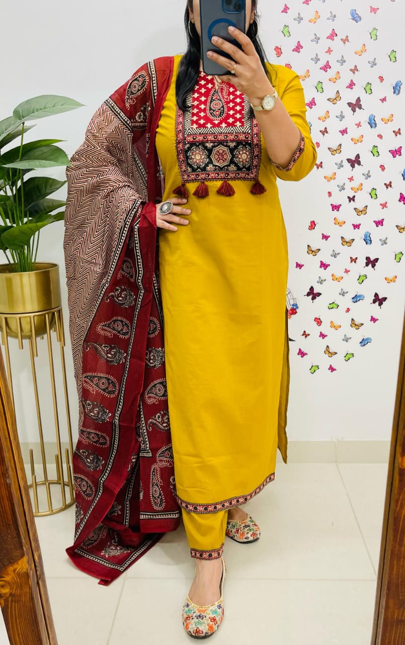Traditional Mustard Yellow Kurta Set With Ajrak Dupatta