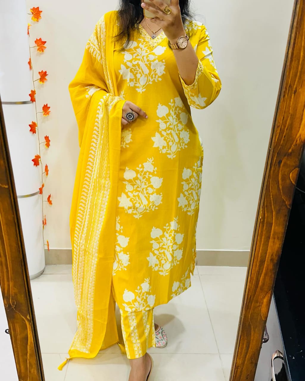 Radiant Yellow Ethnic Ensemble With White Floral Embroidery