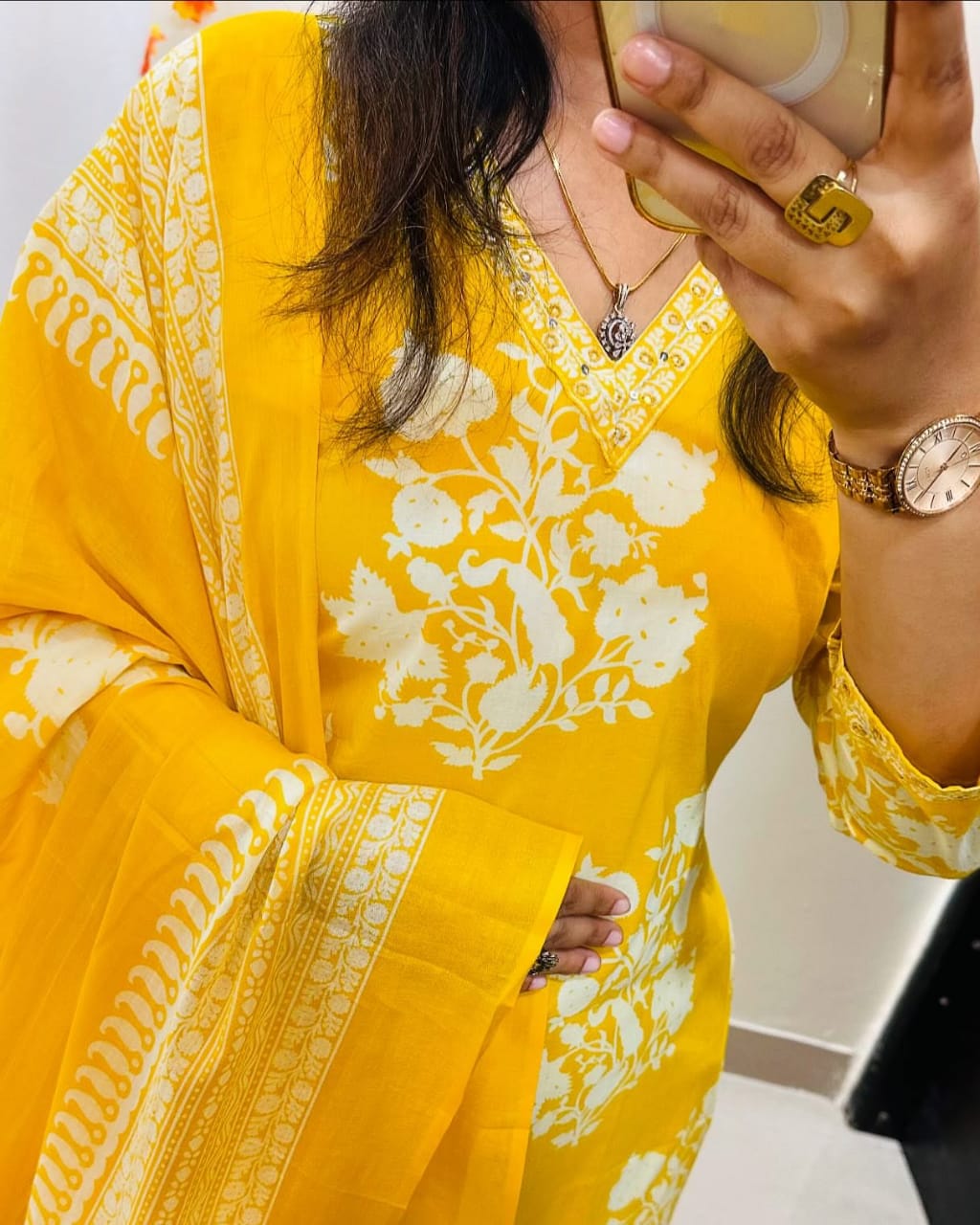 Radiant Yellow Ethnic Ensemble With White Floral Embroidery