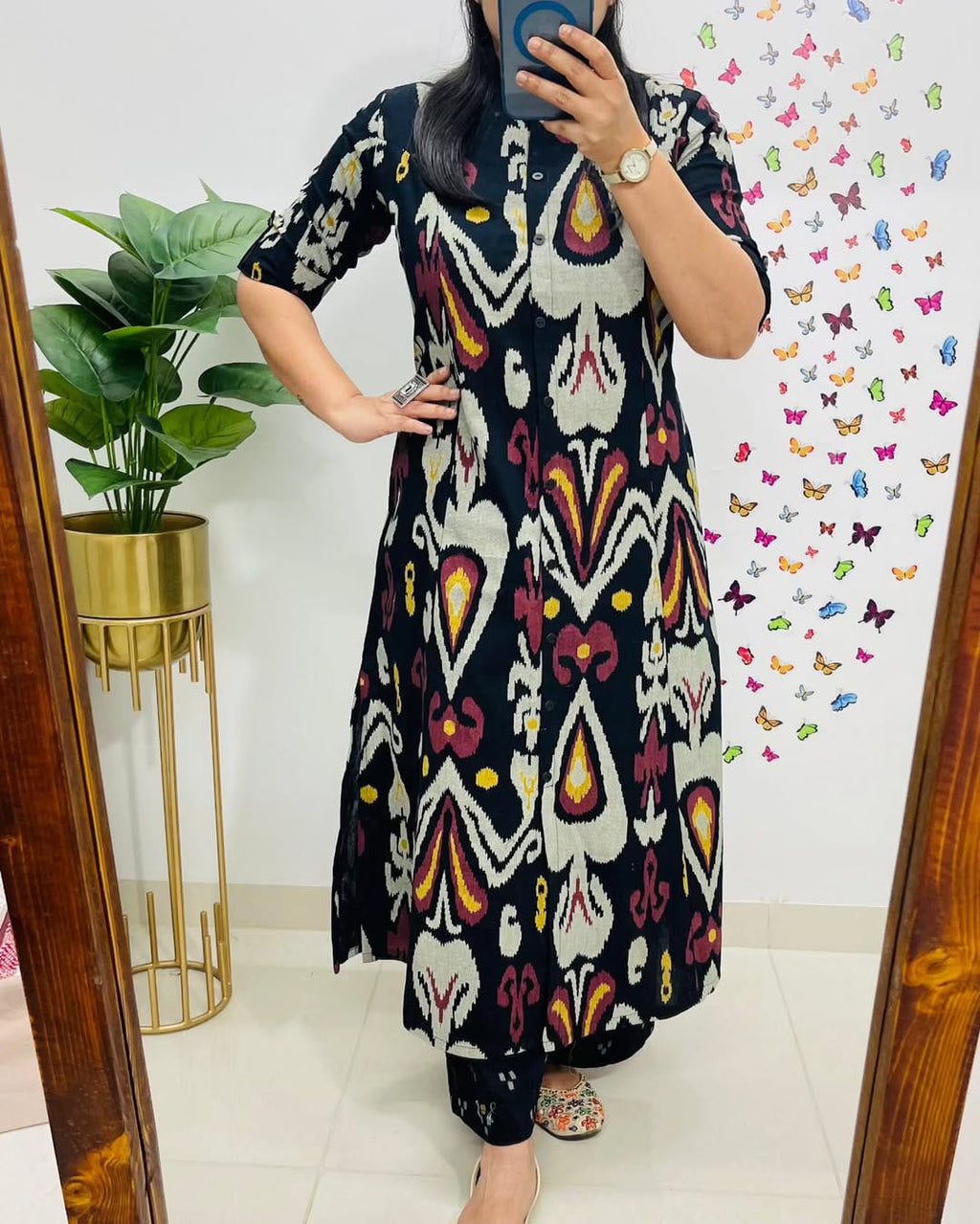 Contemporary Ikat-Printed Black Cotton Kurta Set