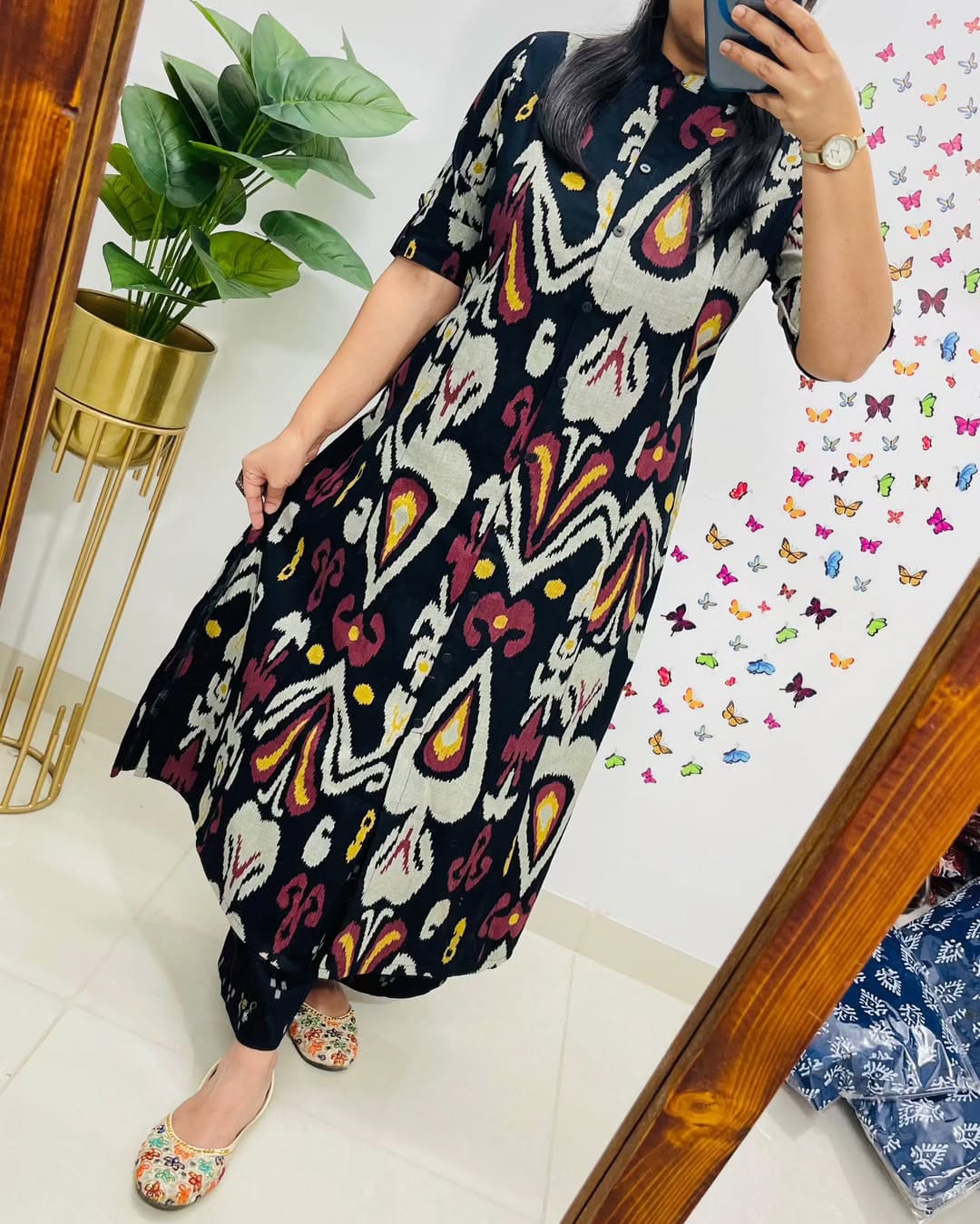 Contemporary Ikat-Printed Black Cotton Kurta Set