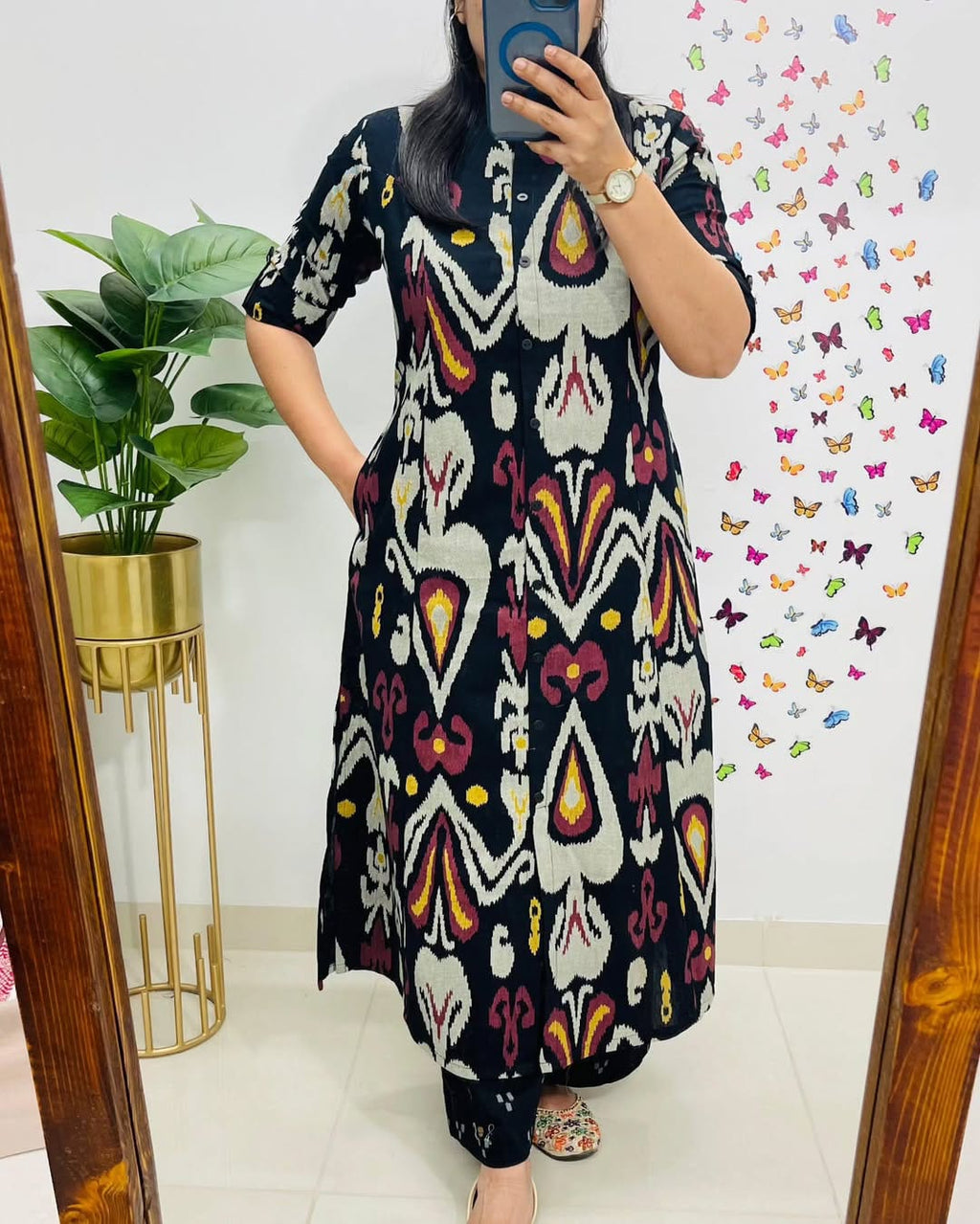 Contemporary Ikat-Printed Black Cotton Kurta Set