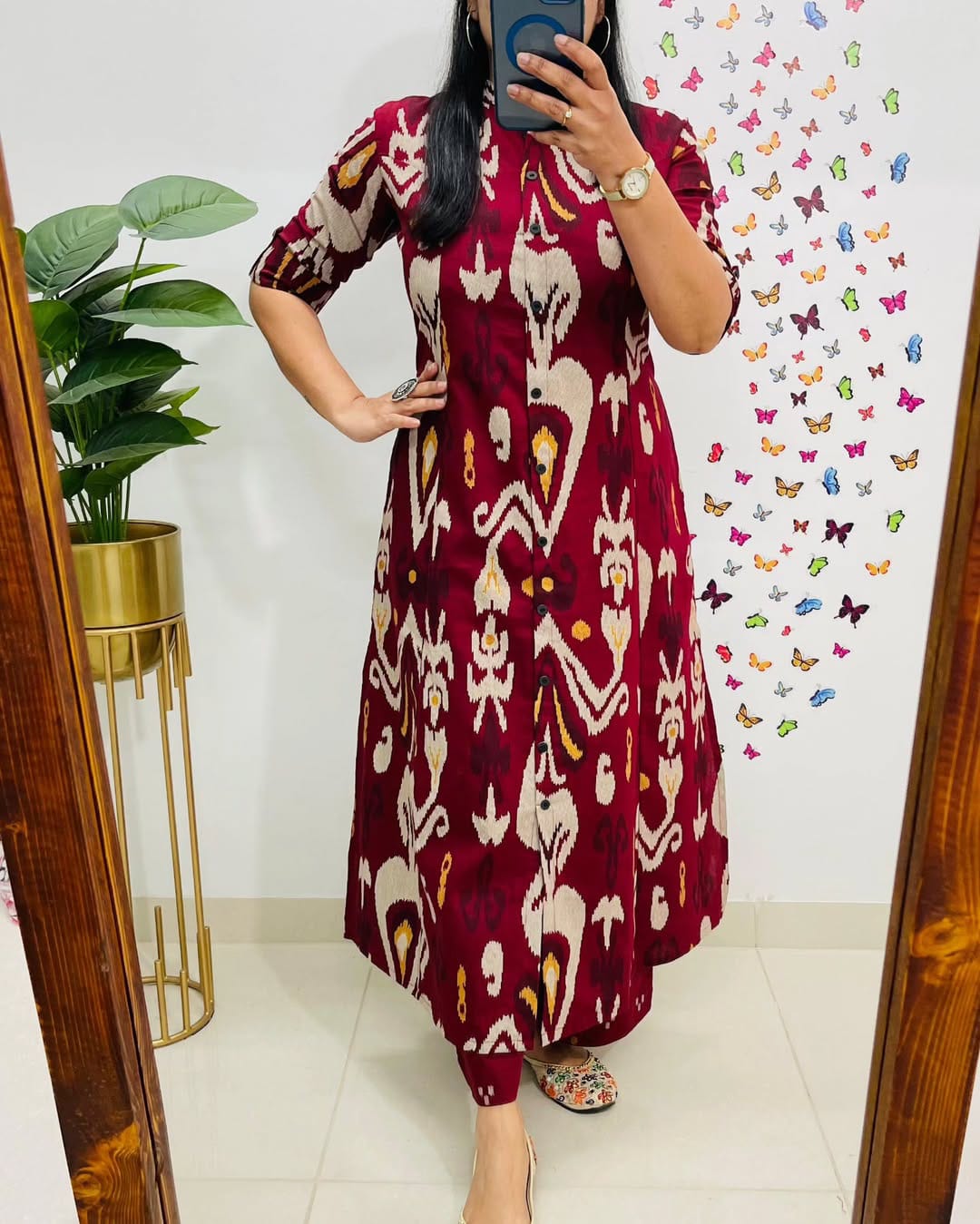 Elegant Maroon Ikat Print Kurta Set