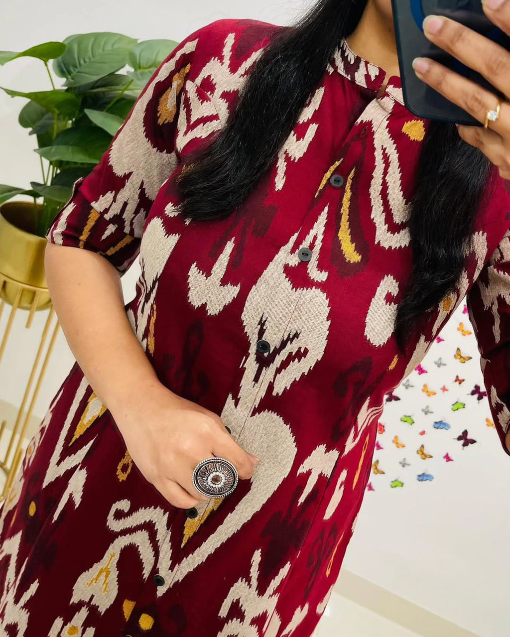 Elegant Maroon Ikat Print Kurta Set