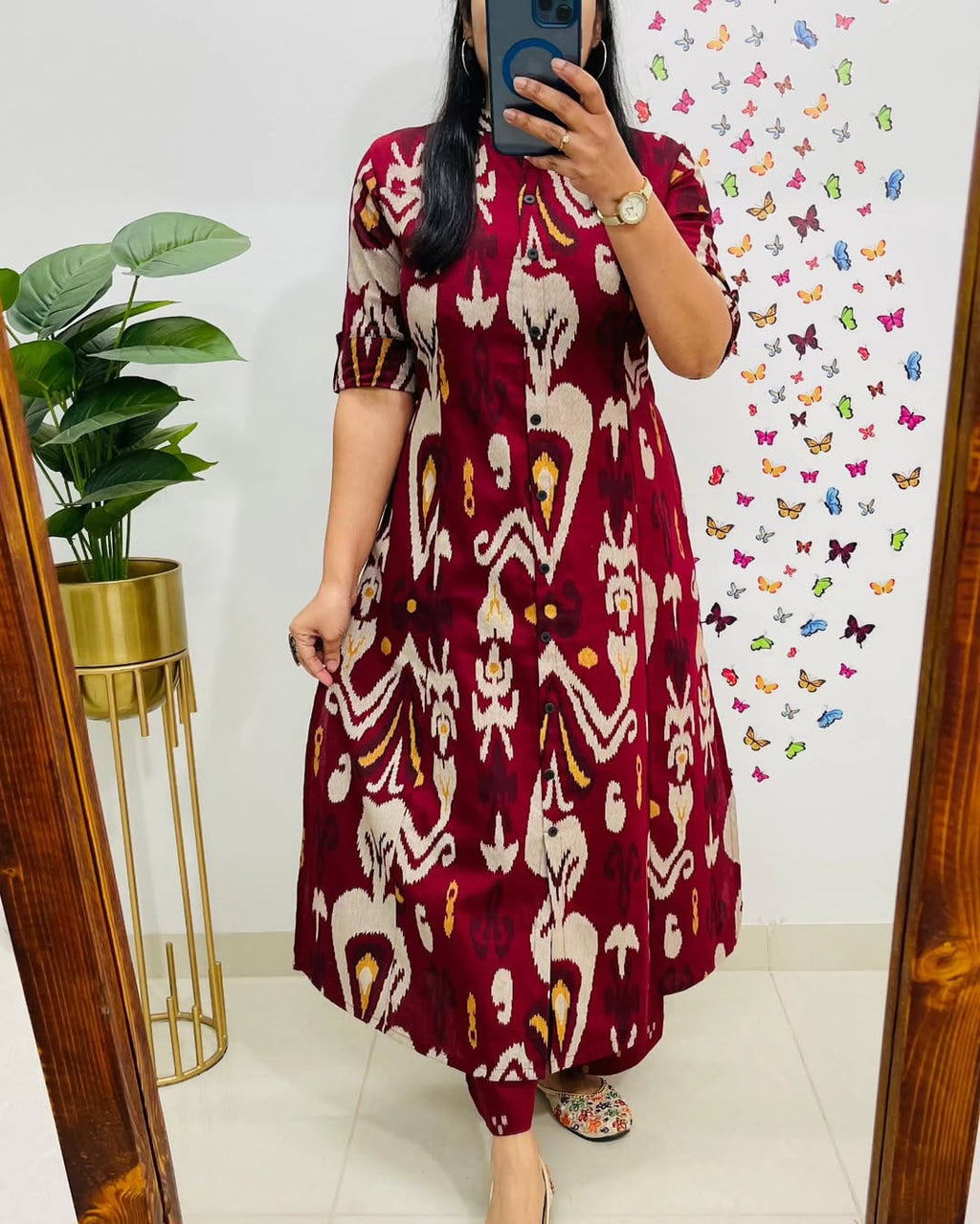 Elegant Maroon Ikat Print Kurta Set