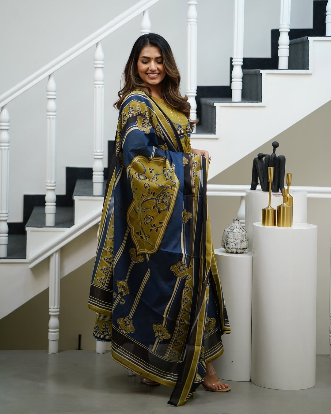 Elegant Olive-Green And Navy Blue Ethnic Anarkali Suit Set