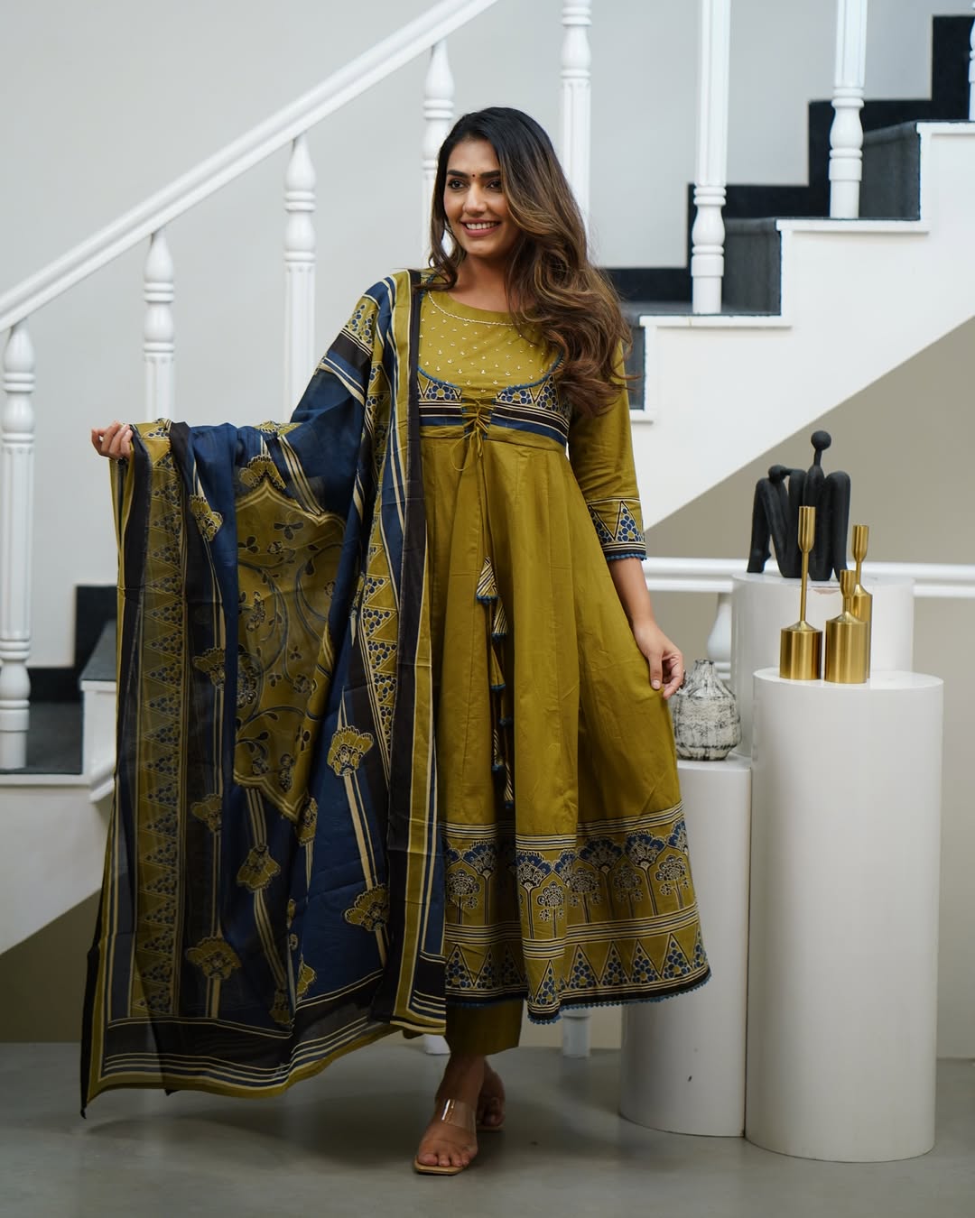 Elegant Olive-Green And Navy Blue Ethnic Anarkali Suit Set