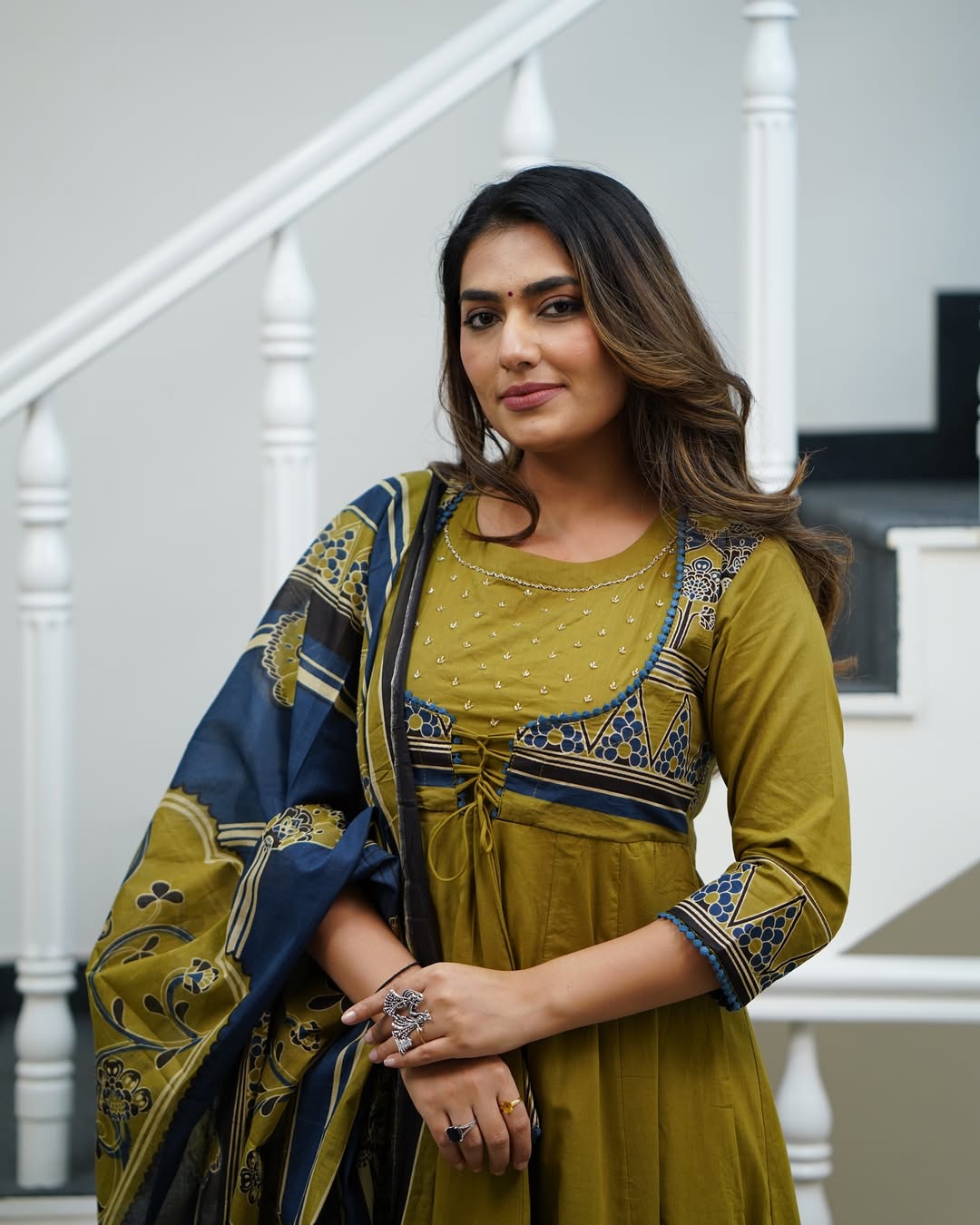 Elegant Olive-Green And Navy Blue Ethnic Anarkali Suit Set