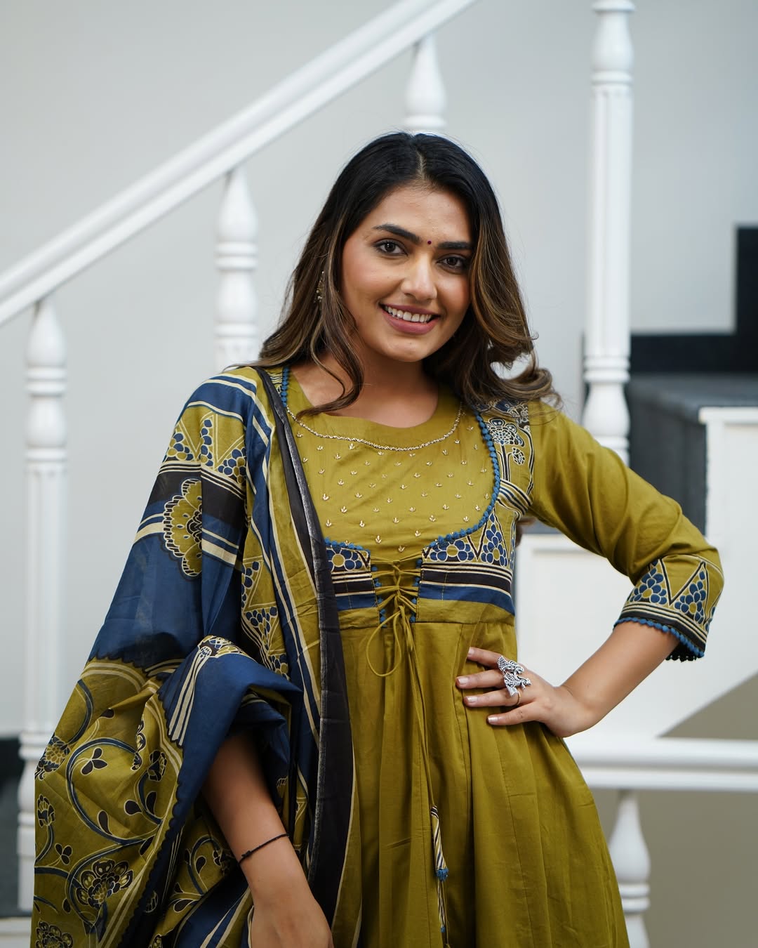 Elegant Olive-Green And Navy Blue Ethnic Anarkali Suit Set