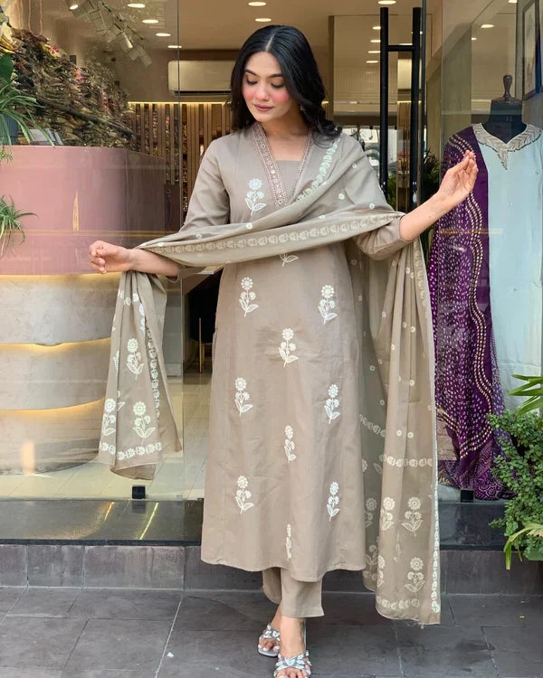 Elegant Taupe Floral Embroidered Cotton Suit Set