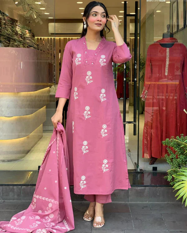 Charming Rose Pink Floral Embroidered Cotton Suit Set