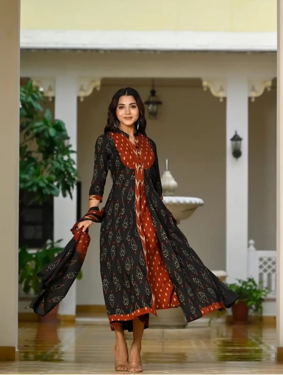 Elegant Black & Rust Ikat Print Anarkali Suit Set