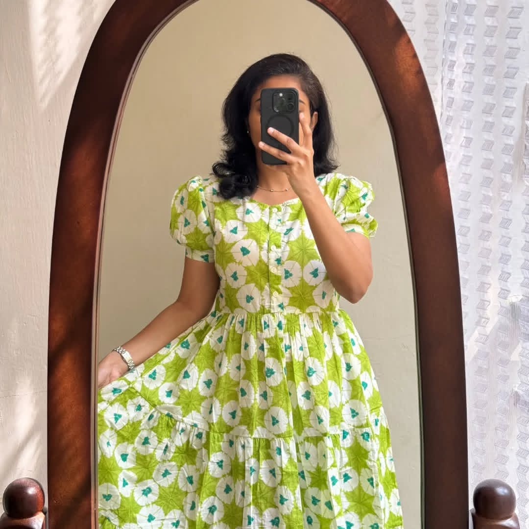 Fresh Lime Green Floral Puff-Sleeve Midi Dress