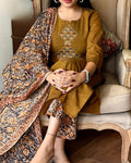 Mustard Brown Embroidered Kurta Set With Floral Dupatta