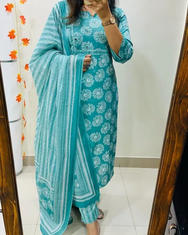 Turquoise Cotton Suit Set With Floral Prints