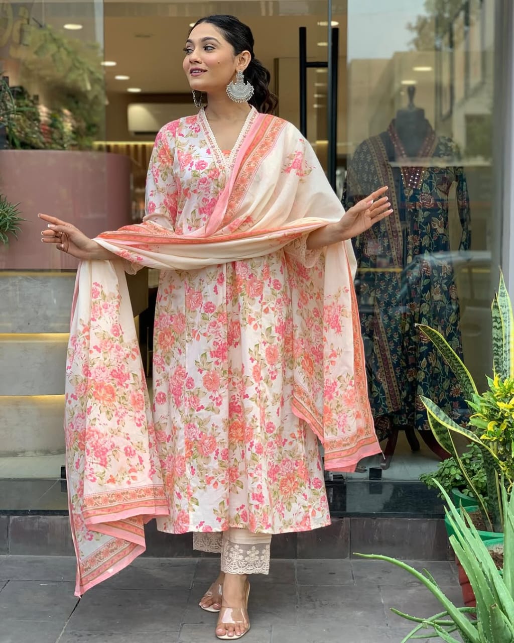 Classy Summer Collection Pure Cotton Mughal Butta Print Anarkali Kurti Paired With Cotton Pants