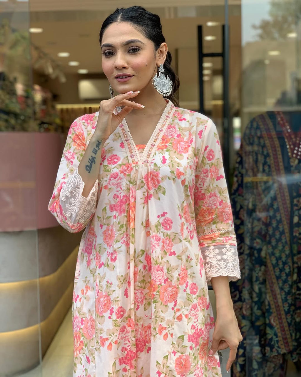 Classy Summer Collection Pure Cotton Mughal Butta Print Anarkali Kurti Paired With Cotton Pants