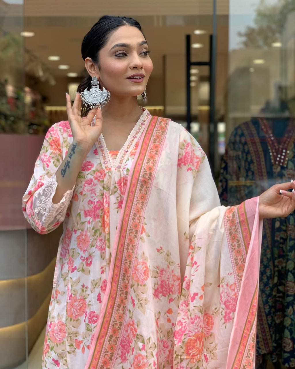 Classy Summer Collection Pure Cotton Mughal Butta Print Anarkali Kurti Paired With Cotton Pants