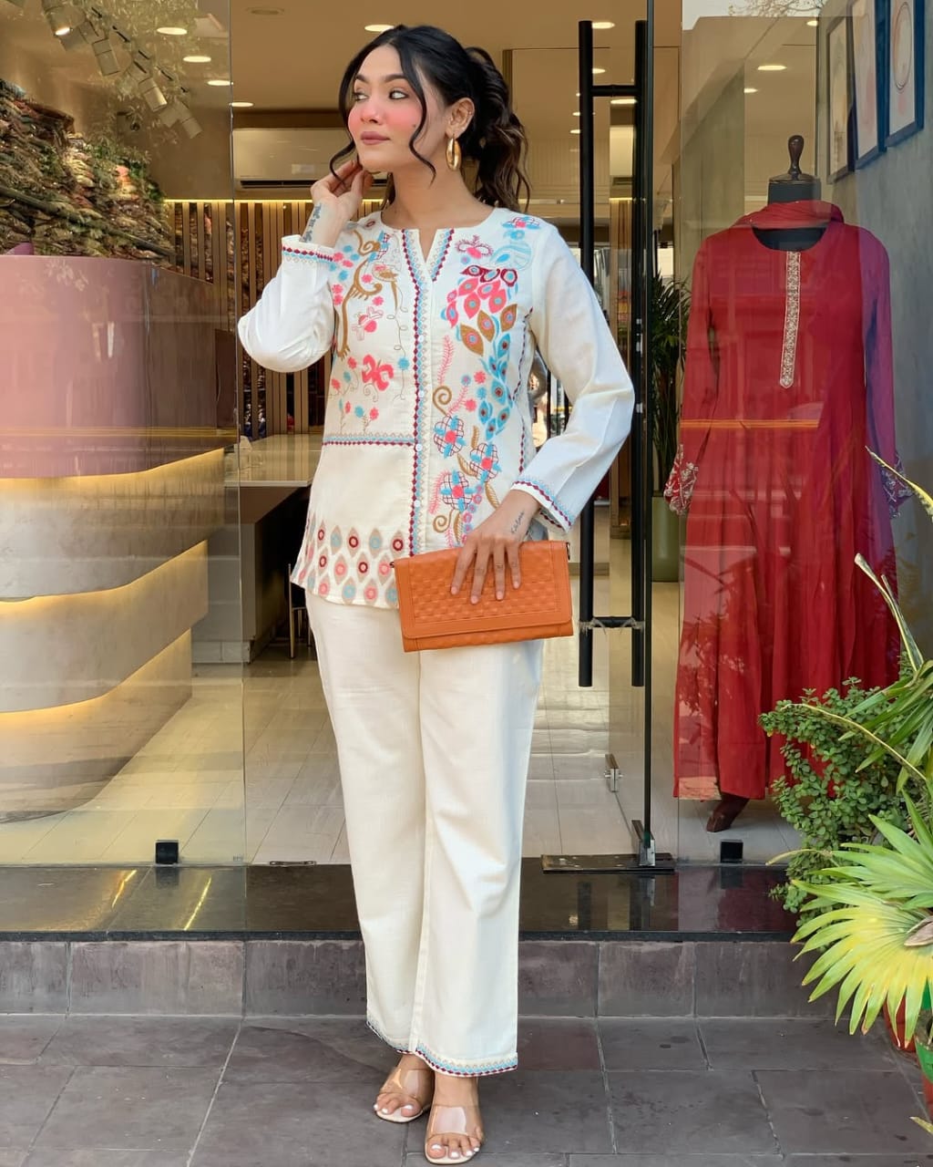 Unique Floral Embroidered Cotton White Co-Ord Set For Women