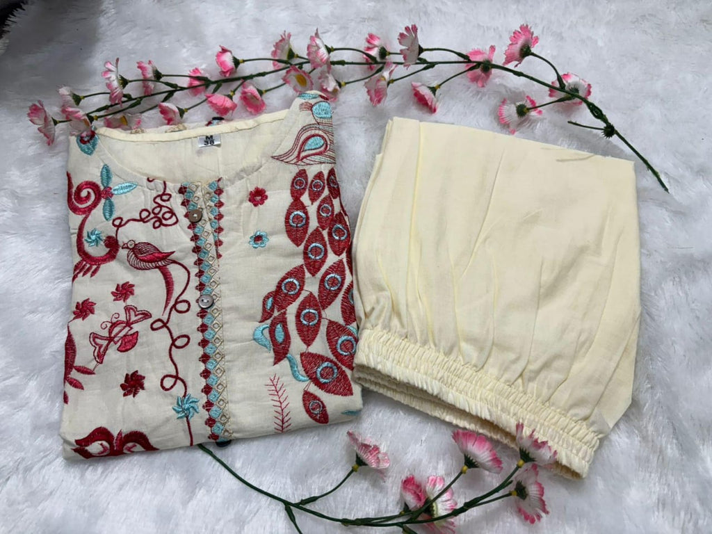 Unique Floral Embroidered Cotton White Co-Ord Set For Women