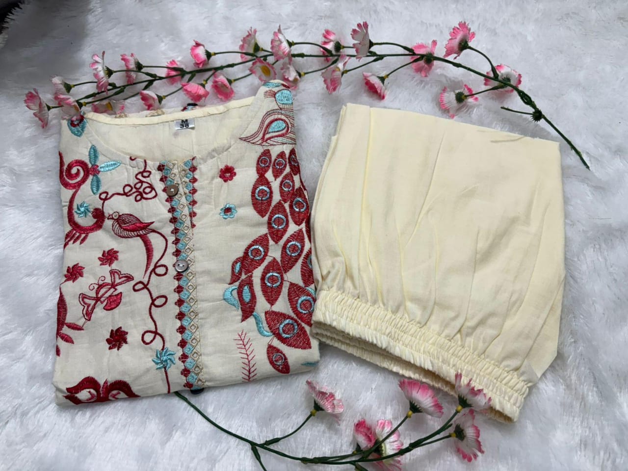 Unique Floral Embroidered Cotton White Co-Ord Set For Women