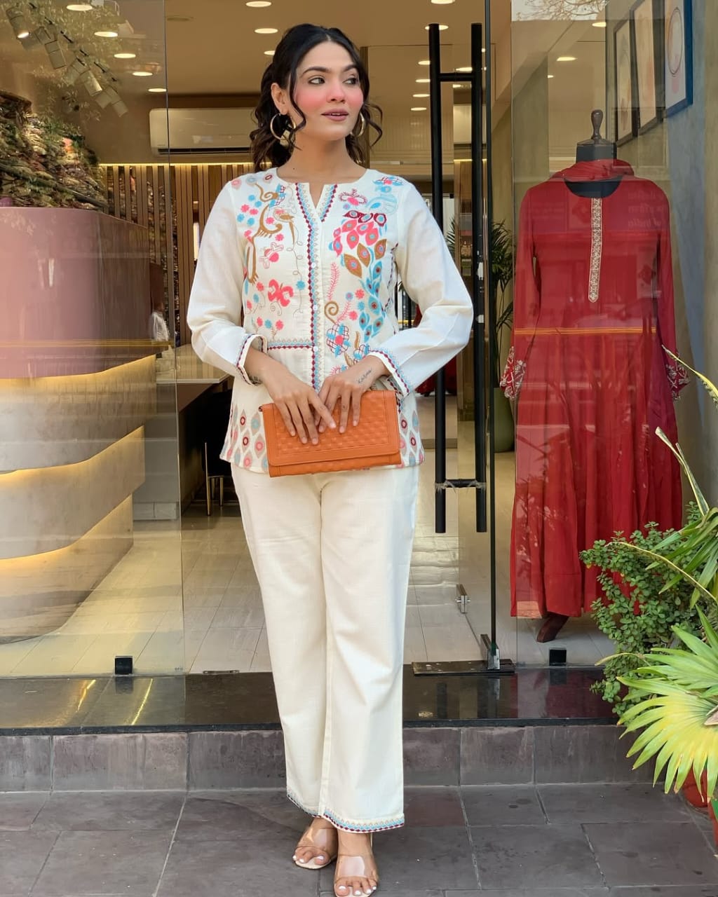 Unique Floral Embroidered Cotton White Co-Ord Set For Women