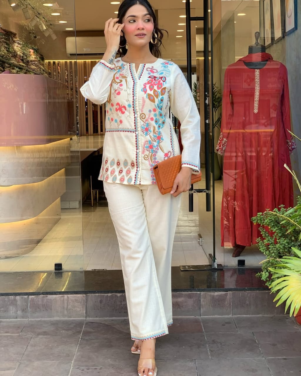 Unique Floral Embroidered Cotton White Co-Ord Set For Women