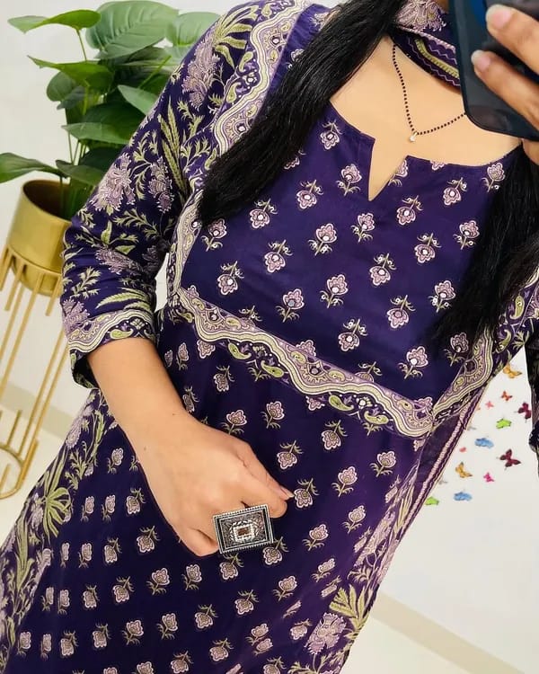 Cotton Kurti With Handcrafted Adda Anchor Patra Work On Yoke Paired With Cotton Pant And Fine Malmal Cotton Dupatta Less