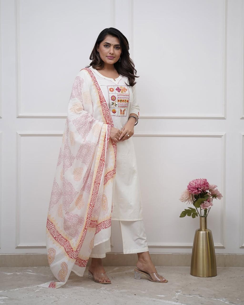 White Embroidered Aline Kurta Bottom Set With Dupatta