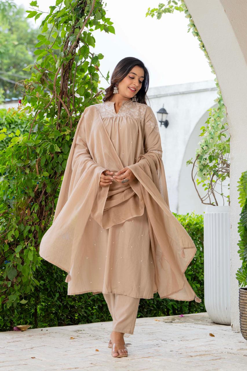 Beige Silk Blend Solid Embroidered Flared Suit Set