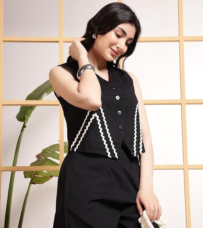 Women Indo Western Waist Coat With White Zigzag Lace Trousers Co-Ords Set