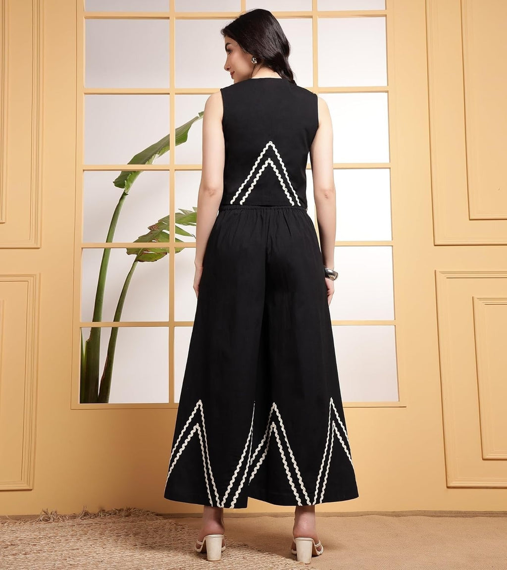 Women Indo Western Waist Coat With White Zigzag Lace Trousers Co-Ords Set