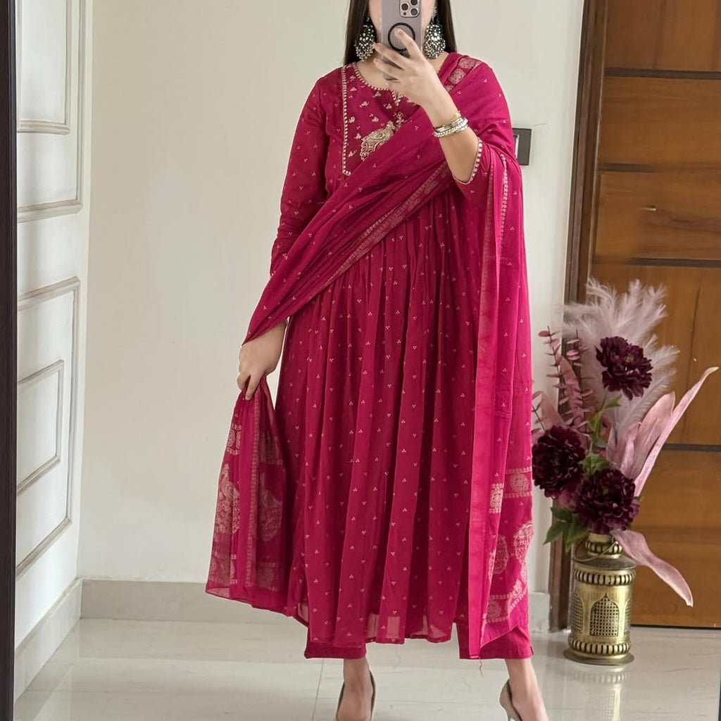 Beautiful  Cotton Suit With Embroidery Work Anarkali Kurta Dupatta  Set In New Colour