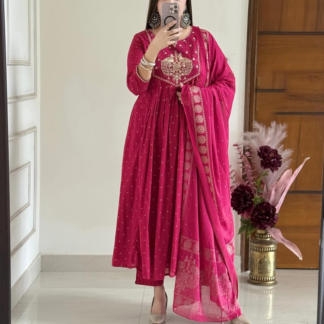 Beautiful  Cotton Suit With Embroidery Work Anarkali Kurta Dupatta  Set In New Colour